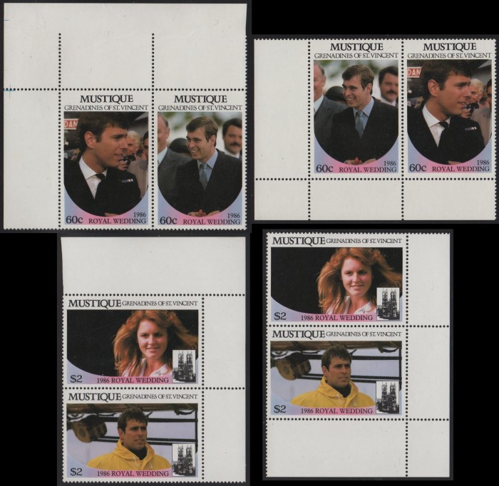 Mustique 1986 Royal Wedding Perforated Large Selvage Corner Pairs From Uncut Press Sheets of 80 Stamps Mustique 1986 Royal Wedding Perforated Large Selvage Corner Pairs From Uncut Press Sheets of 80 Stamps